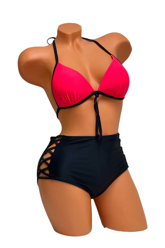 Push-Up High-Waisted Bikini Set – Red / Black Diva Bikini