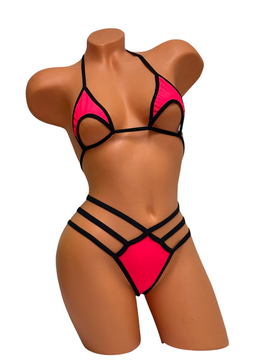 Underbust Cut-Out Strappy Thong Bikini Set – Red / Black Diva Bikini