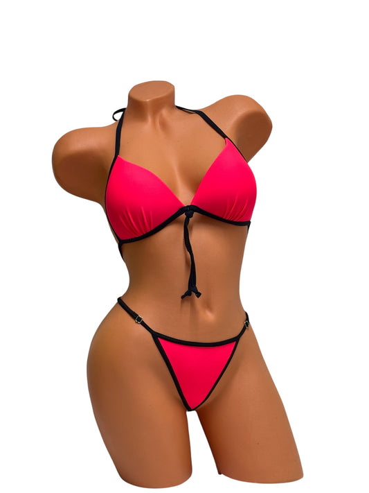 Push-Up G-String Bikini Set – Neon Red / Black Diva Bikini