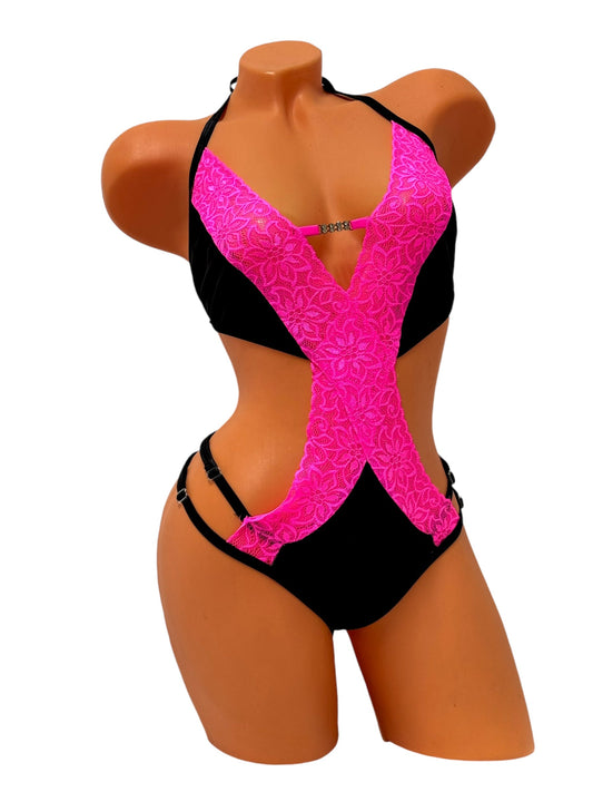 Lace X Body Dress Set - Black / Pink Diva Bikini