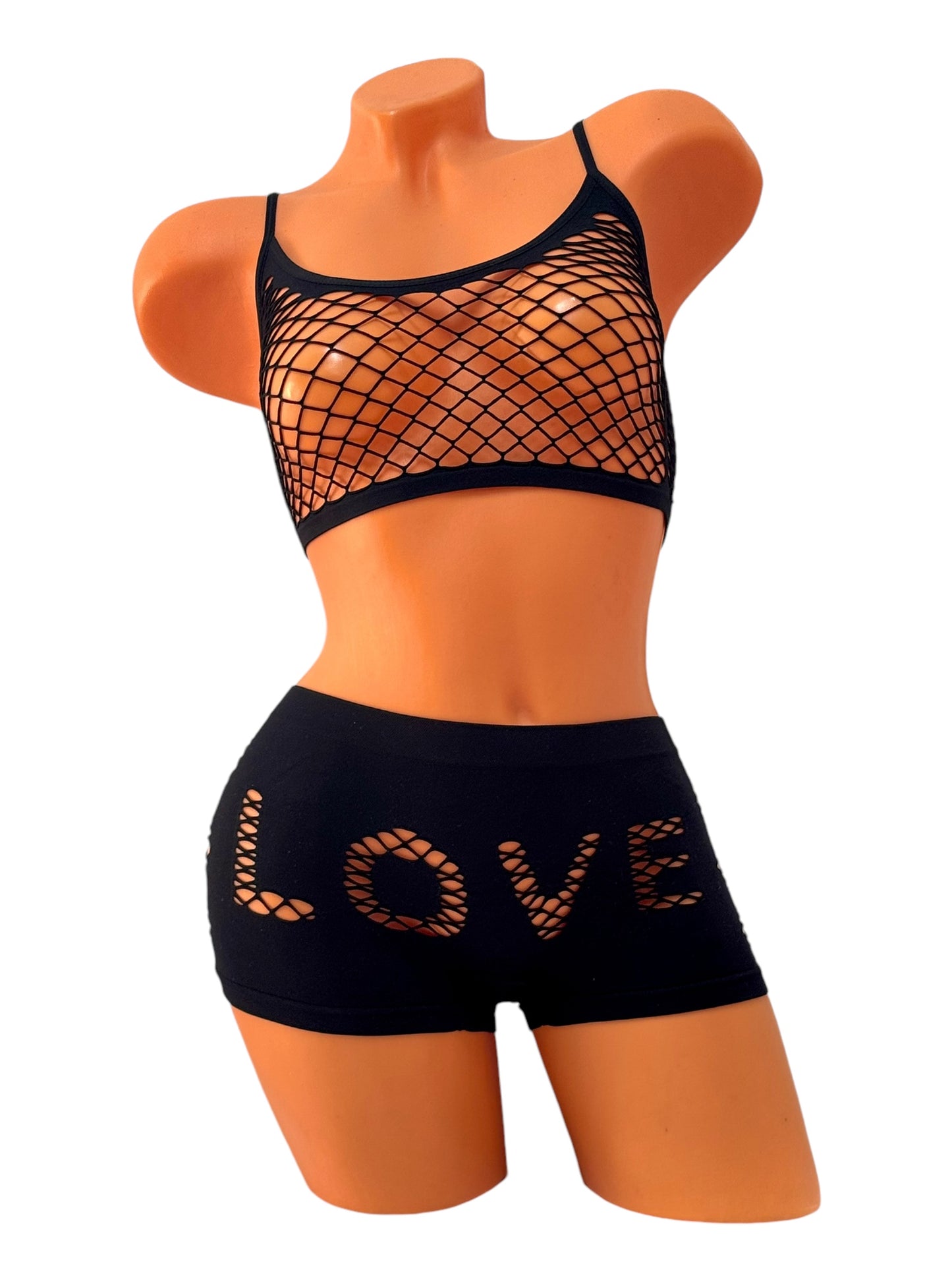 Mesh 3-Piece Lingerie Set – Black / Love