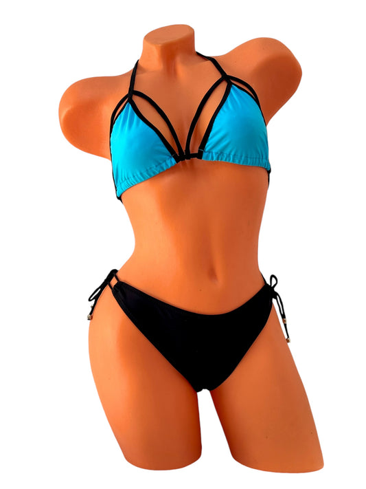 Strappy Tie-Side Thong Bikini Set – Blue / Black Diva Bikini