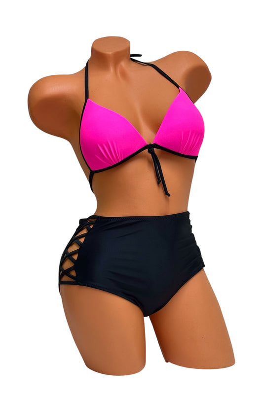 Push-Up High-Waisted Bikini Set – Pink / Black Diva Bikini