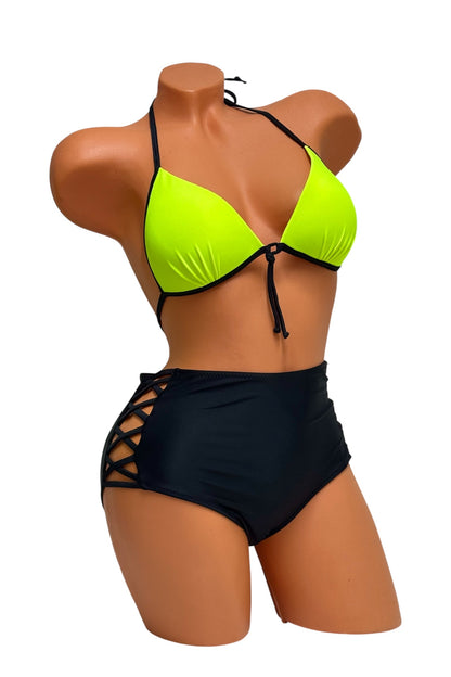 Push-Up High-Waisted Bikini Set – Green / Black Diva Bikini