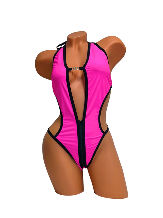 Zip Bodysuit Set - Neon Pink / Black