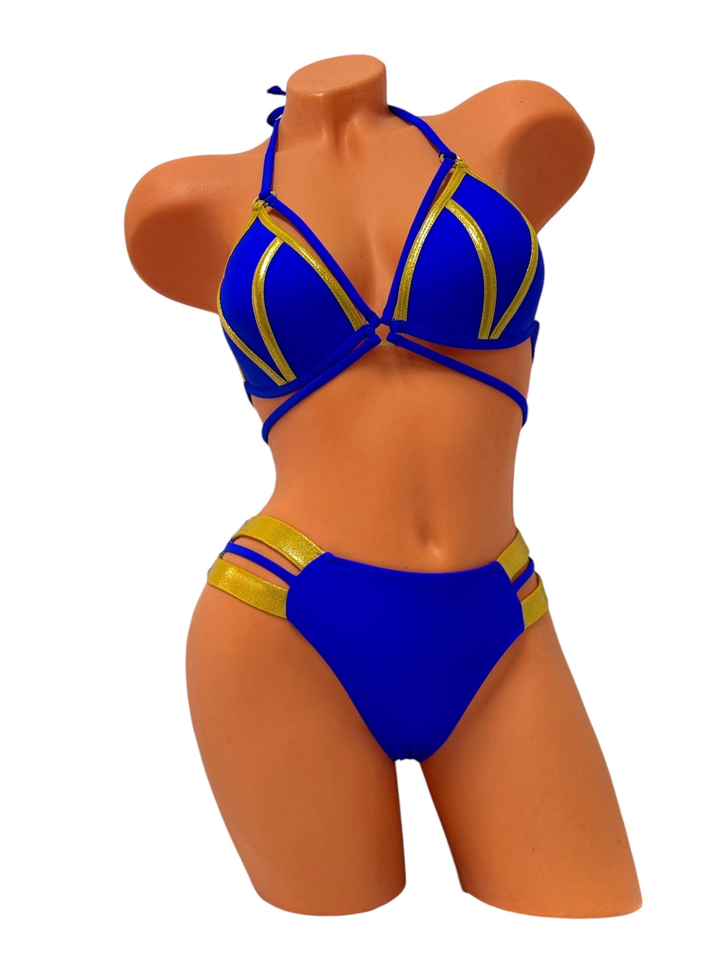 Push-Up Triple Strap Brazilian Bikini Set – Blue / Gold Diva Bikini