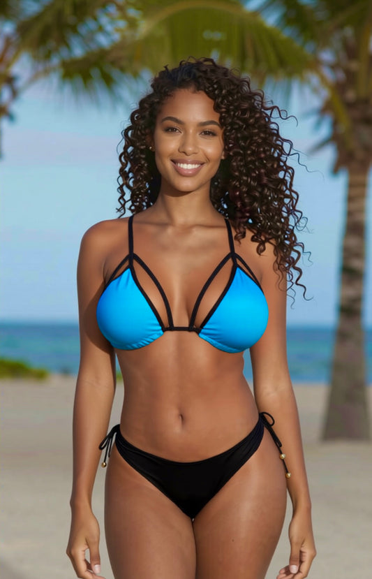Strappy Tie-Side Thong Bikini Set – Blue / Black Diva Bikini