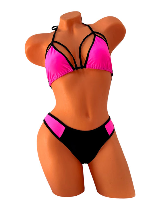 Strappy Curve Thong Bikini Set – Pink / Black Diva Bikini