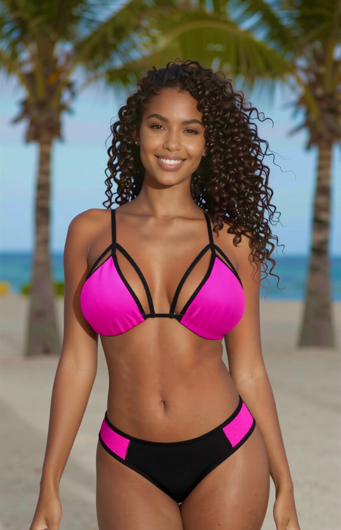 Strappy Curve Thong Bikini Set – Pink / Black Diva Bikini