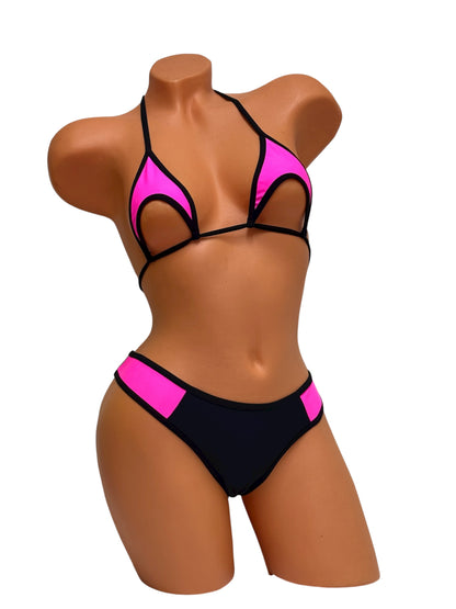 Underbust Cut-Out Curve Thong Bikini Set – Pink / Black Diva Bikini