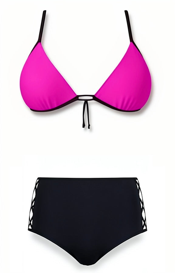 Push-Up High-Waisted Bikini Set – Pink / Black Diva Bikini
