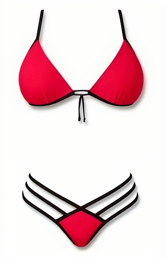 Push-Up Triple Strap Bikini Set – Red / Black Diva Bikini