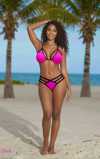 Strappy Triple Strap Thong Bikini Set – Pink / Black Diva Bikini