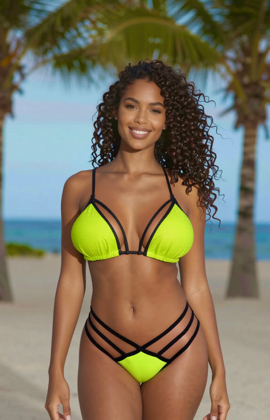 Strappy Triple Strap Thong Bikini Set – Green / Black Diva Bikini