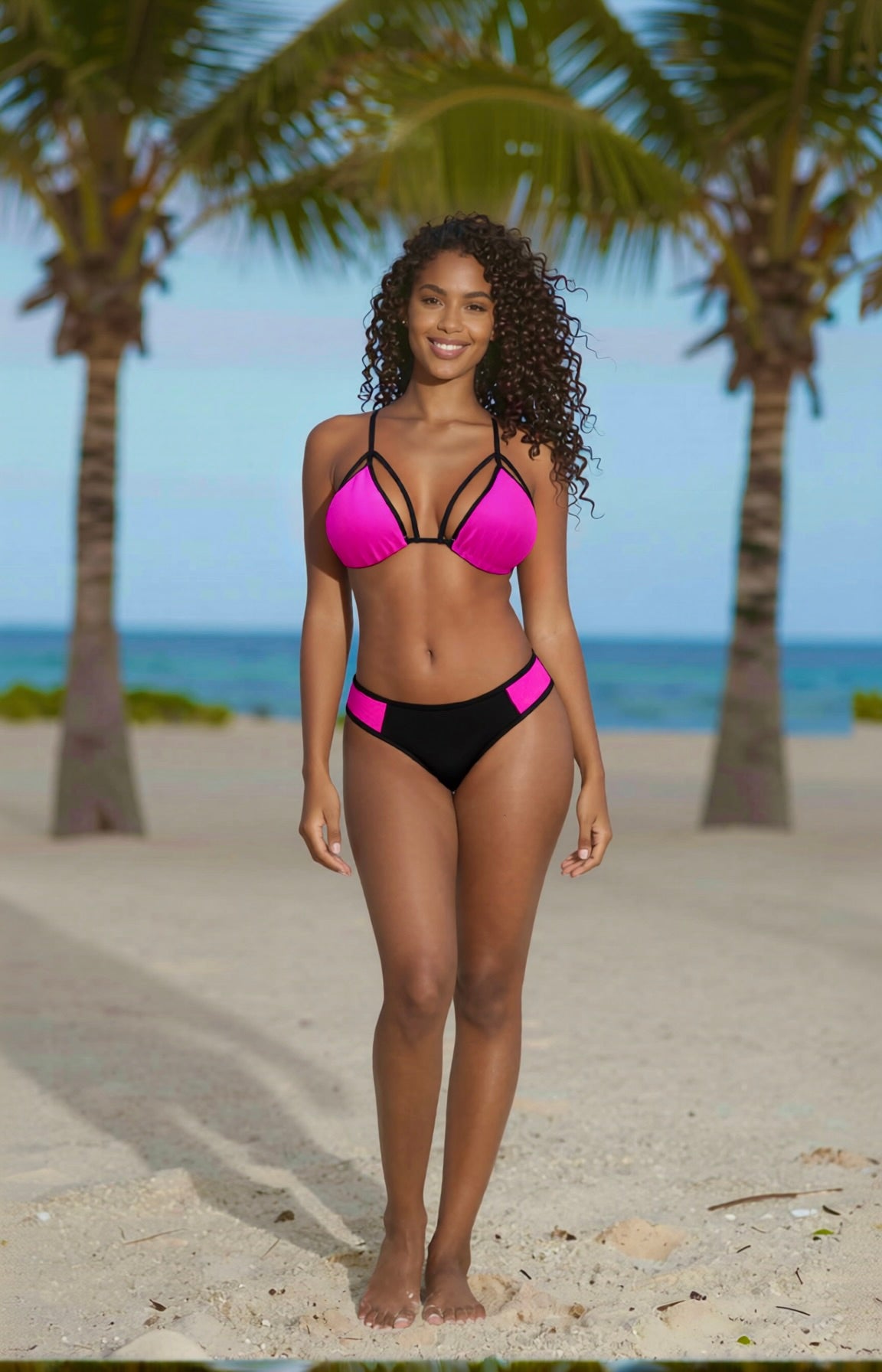 Strappy Curve Thong Bikini Set – Pink / Black Diva Bikini