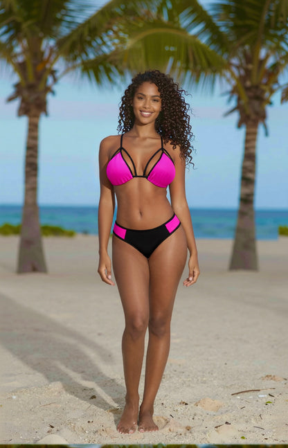 Strappy Curve Thong Bikini Set – Pink / Black Diva Bikini