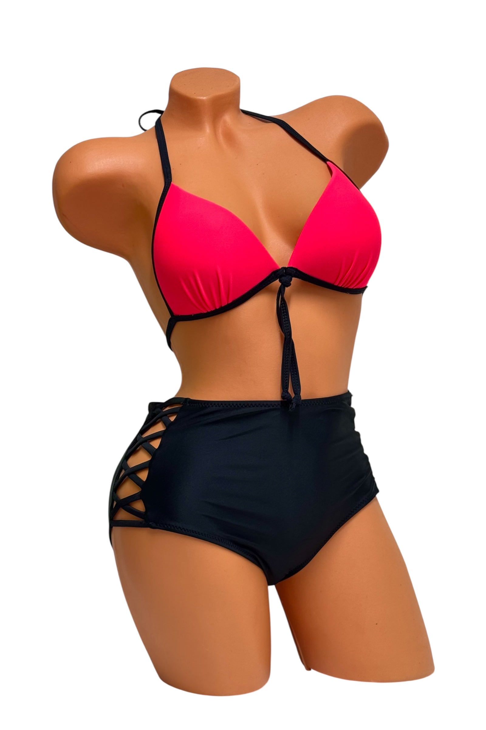 Push-Up High-Waisted Bikini Set – Red / Black Diva Bikini