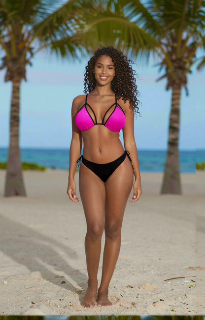 Strappy Tie-Side Thong Bikini Set – Pink / Black Diva Bikini