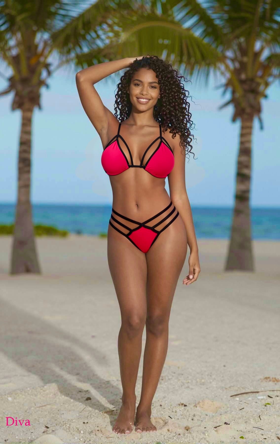Strappy Triple Strap Thong Bikini Set – Red / Black Diva Bikini