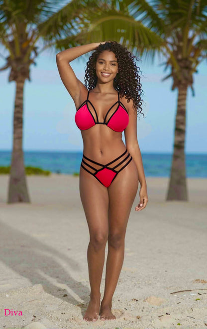 Strappy Triple Strap Thong Bikini Set – Red / Black Diva Bikini