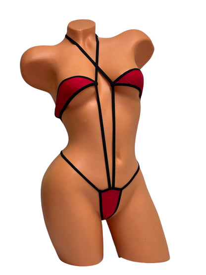 Strappy Bodysuit Set - Red / Black