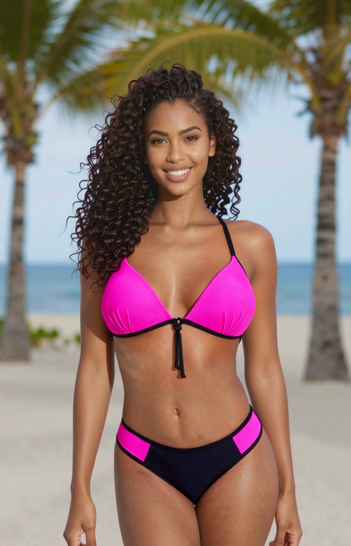 Push-Up Curve Thong Bikini Set – Pink / Black Diva Bikini