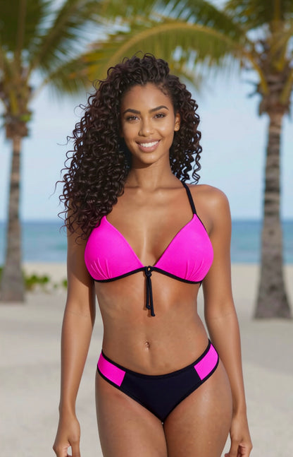 Push-Up Curve Thong Bikini Set – Pink / Black Diva Bikini