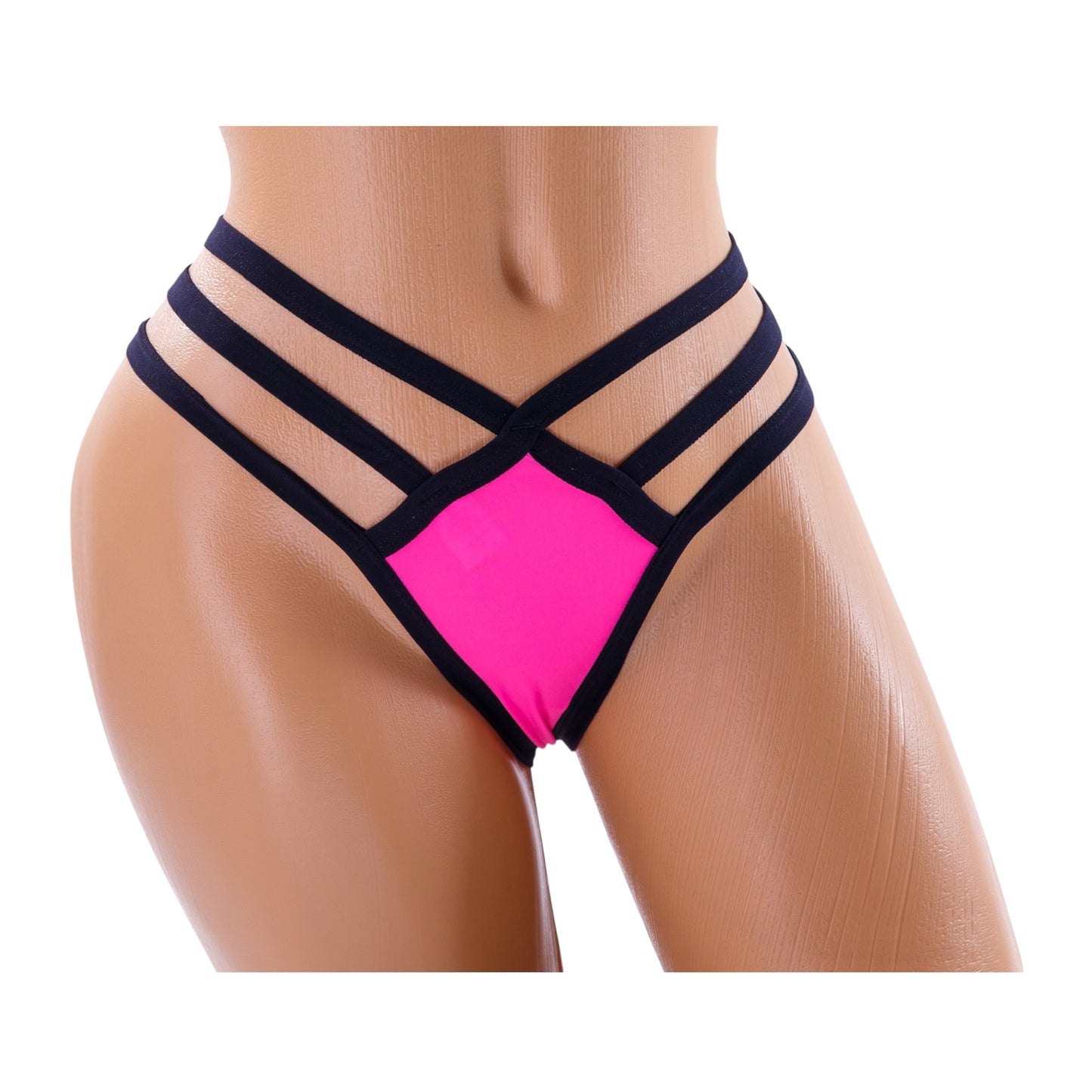 Triple Strap Thong Bikini Bottom – Pink / Black Diva Bikini