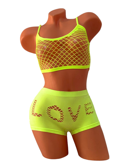 Mesh 3-Piece Lingerie Set – Neon Green / Love