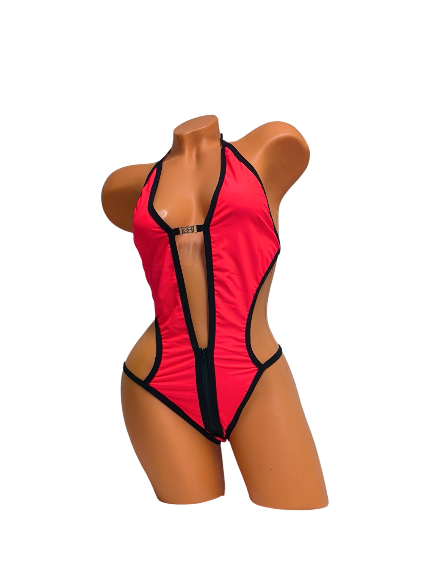 Zip Bodysuit Set - Neon Red / Black