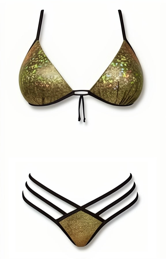 Push-Up Triple Strap Bikini Set – 3D Gold / Black Diva Bikini