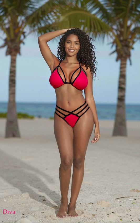 Strappy Triple Strap Thong Bikini Set – Red / Black Diva Bikini