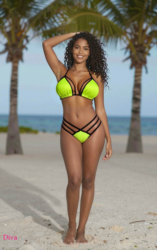 Strappy Triple Strap Thong Bikini Set – Green / Black Diva Bikini