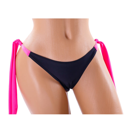 Long Tie Thong Bikini Bottom – Black / Pink Diva Bikini