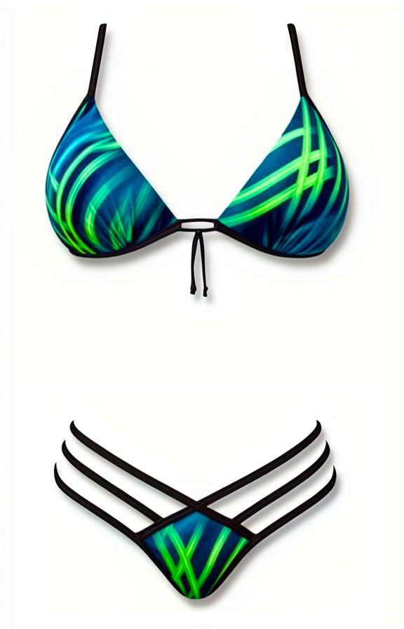 Push-Up Triple Strap Bikini Set – Black / Green Diva Bikini
