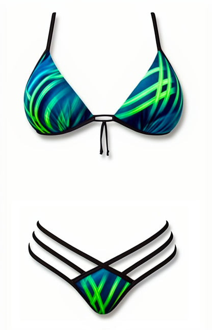 Push-Up Triple Strap Bikini Set – Black / Green Diva Bikini