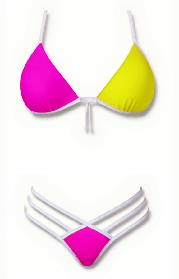 Push-Up Triple Strap Bikini Set – Pink / Green / White Diva Bikini
