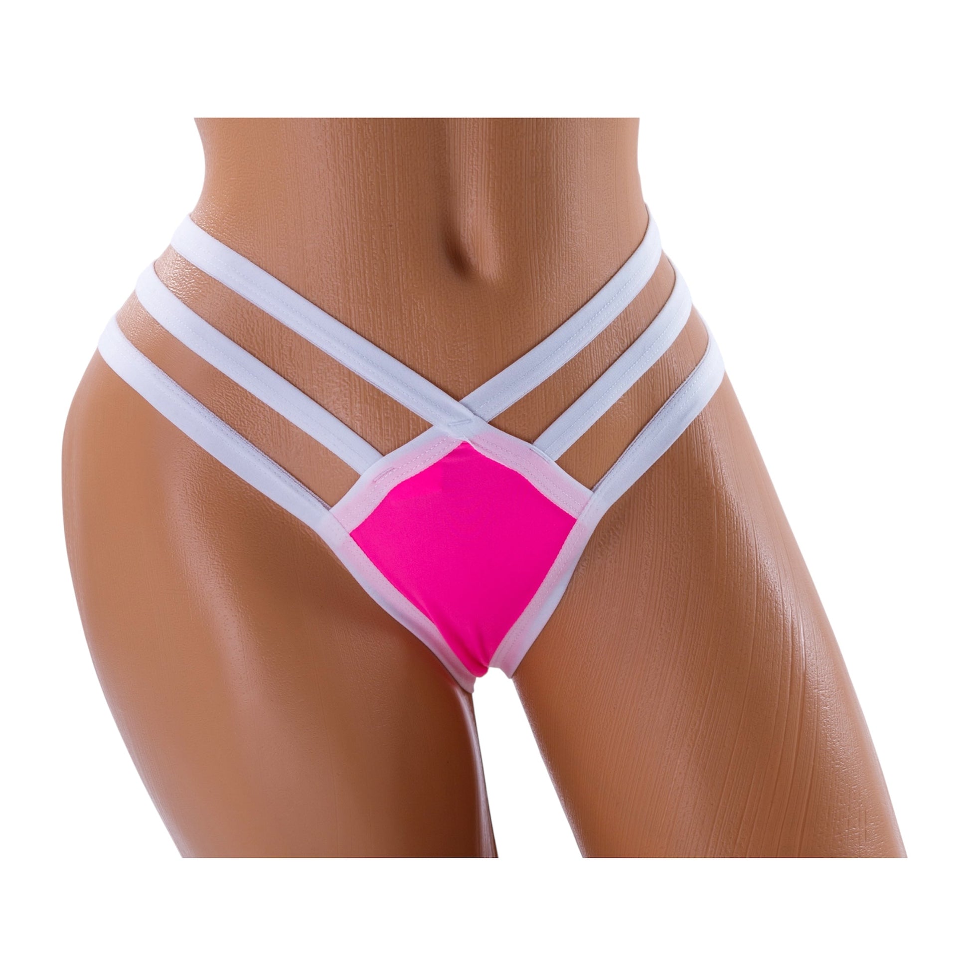 Triple Strap Thong Bikini Bottom – White / Pink Diva Bikini
