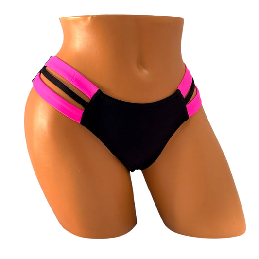 Triple Strap Brazilian Bikini Bottom - Pink / Black Diva Bikini
