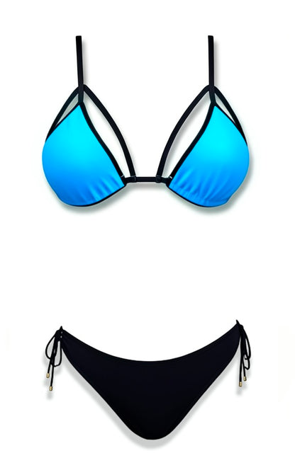 Strappy Tie-Side Thong Bikini Set – Blue / Black Diva Bikini