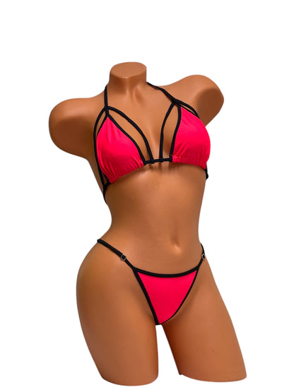 Strappy G-String Bikini Set - Neon Red / Black