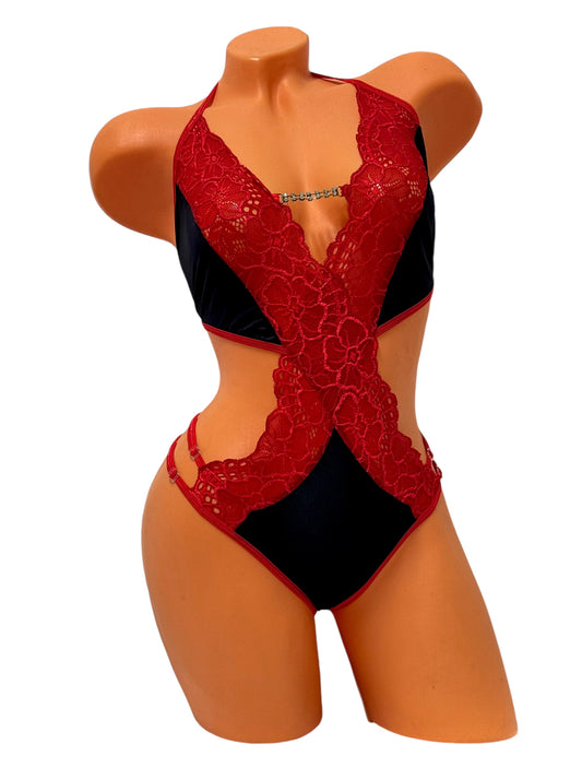 Lace X Body Dress Set - Black / Red