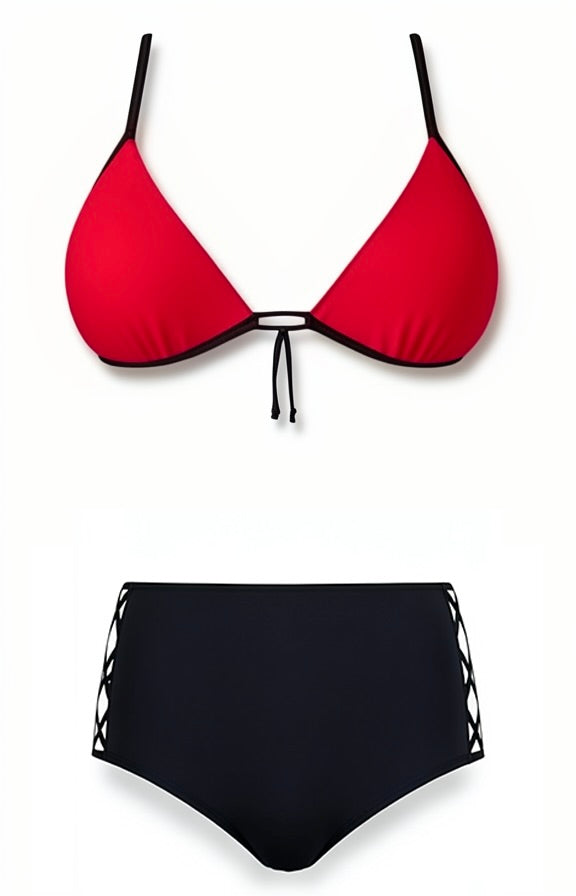 Push-Up High-Waisted Bikini Set – Red / Black Diva Bikini