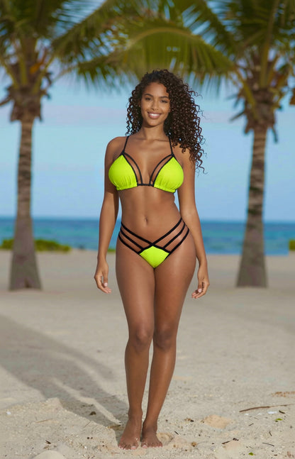 Strappy Triple Strap Thong Bikini Set – Green / Black Diva Bikini
