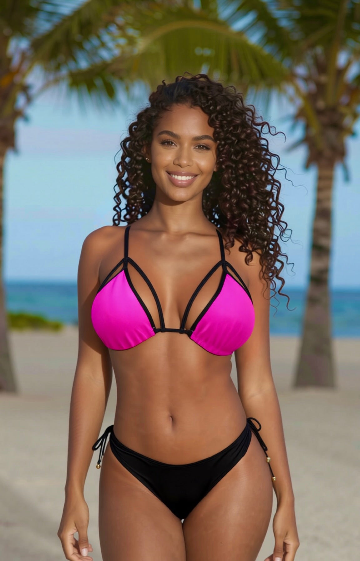 Strappy Tie-Side Thong Bikini Set – Pink / Black Diva Bikini