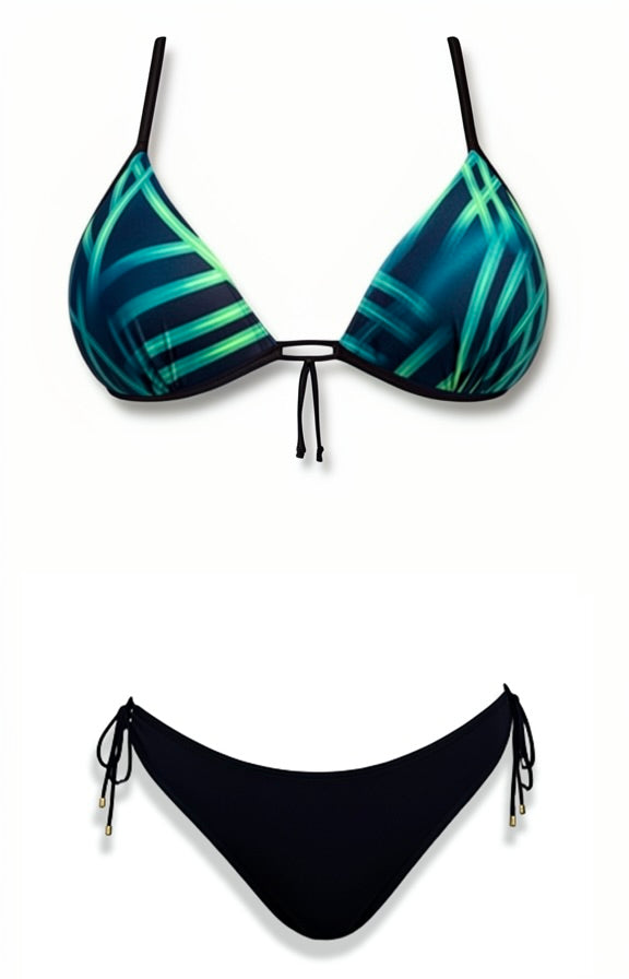 Push-Up Tie Thong Bikini Set – Black / Green Diva Bikini