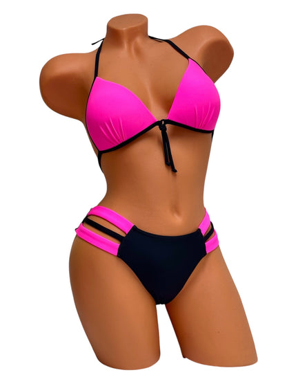 Push-Up Triple Strap Brazilian Bikini Set – Pink / Black Diva Bikini