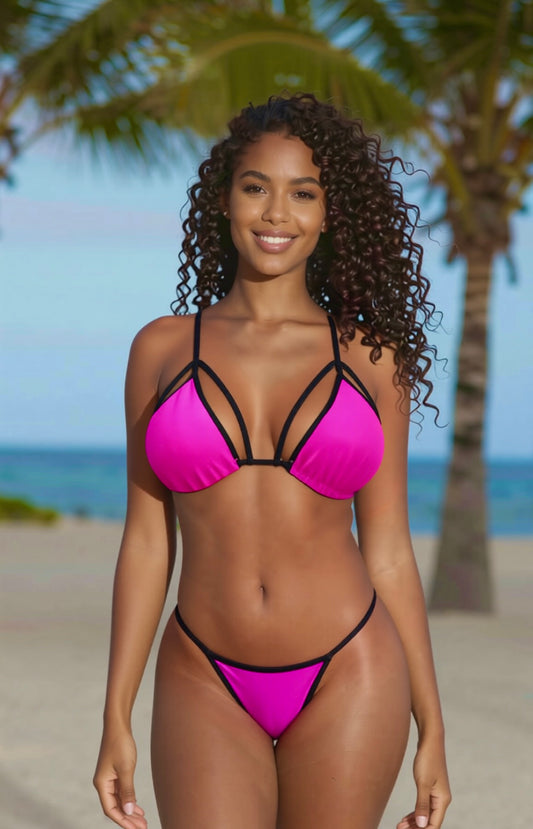 Strappy G-String Bikini Set – Pink / Black Diva Bikini