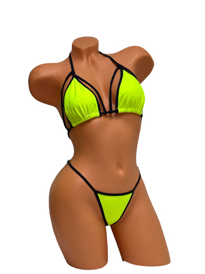 Strappy G-String Bikini Set - Neon Green / Black