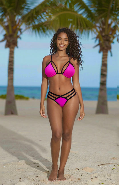 Strappy Triple Strap Thong Bikini Set – Pink / Black Diva Bikini